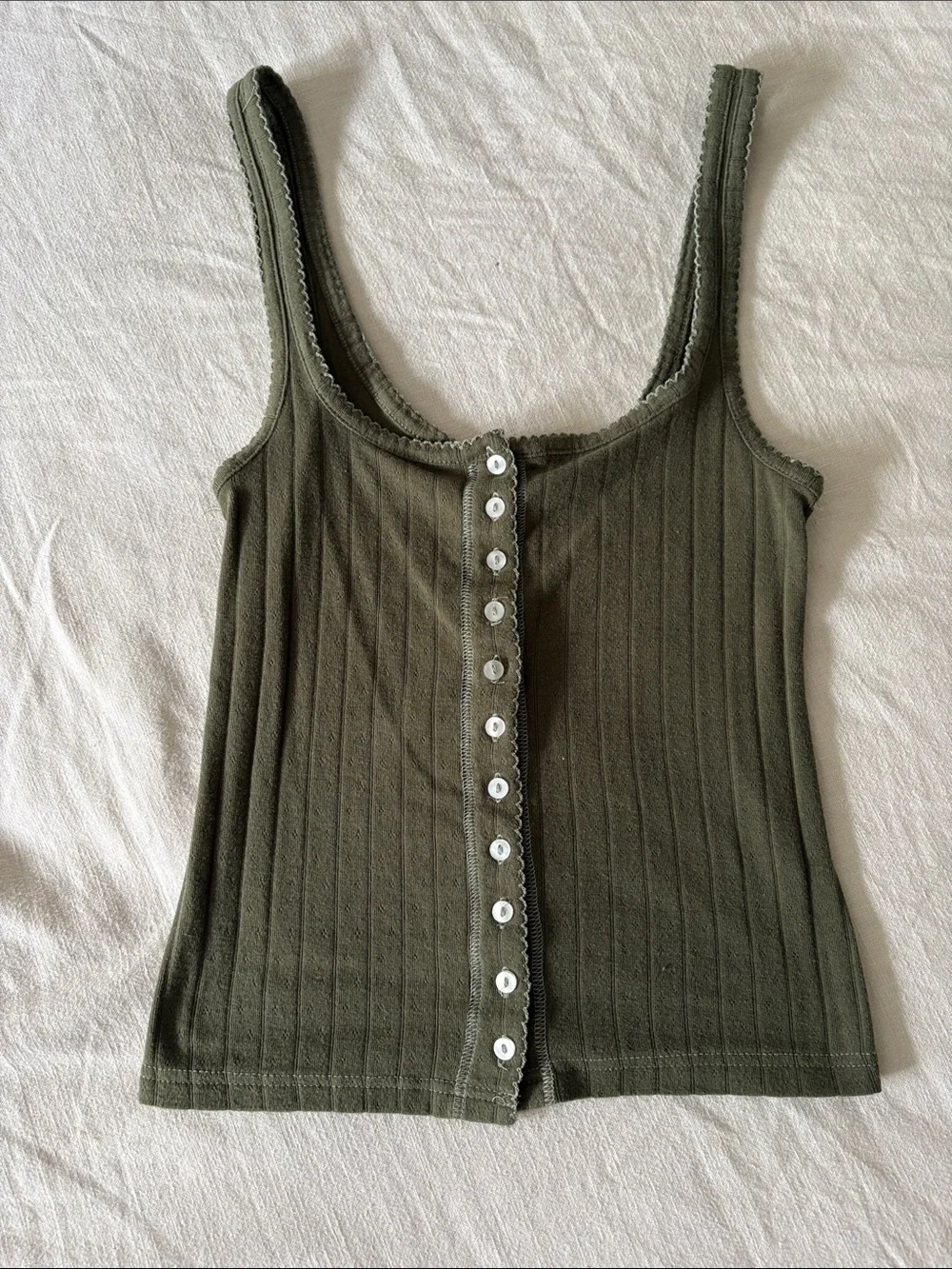 Free People Women's Olive Ribbed Button-Front Tank Top